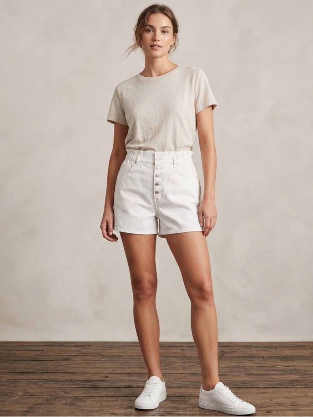 LOFT White Paperbag Denim Shorts NWT High Rise Button Fly Summer Boho Size 14 32